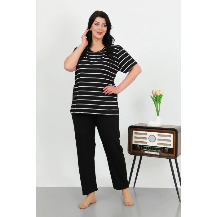 Moda Çizgi Kadın Büyük Beden Kısa Kol Penye Pijama Takımı Siyah 202505