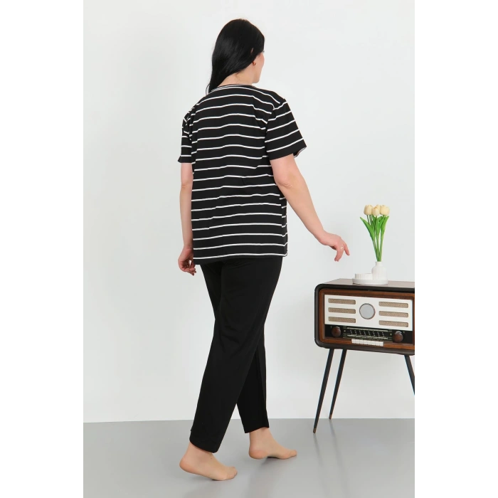 Moda Çizgi Kadın Büyük Beden Kısa Kol Penye Pijama Takımı Siyah 202505