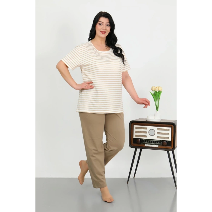 Moda Çizgi Kadın Büyük Beden Kısa Kol Penye Pijama Takımı Sütlü Kahve 202505