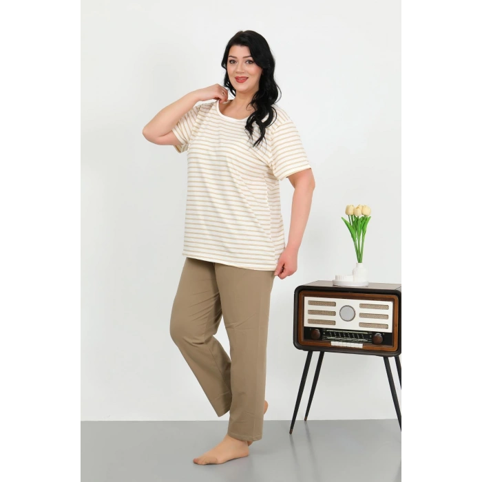 Moda Çizgi Kadın Büyük Beden Kısa Kol Penye Pijama Takımı Sütlü Kahve 202505