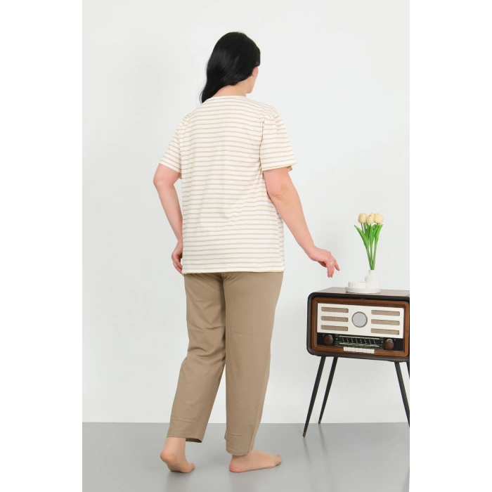 Moda Çizgi Kadın Büyük Beden Kısa Kol Penye Pijama Takımı Sütlü Kahve 202505