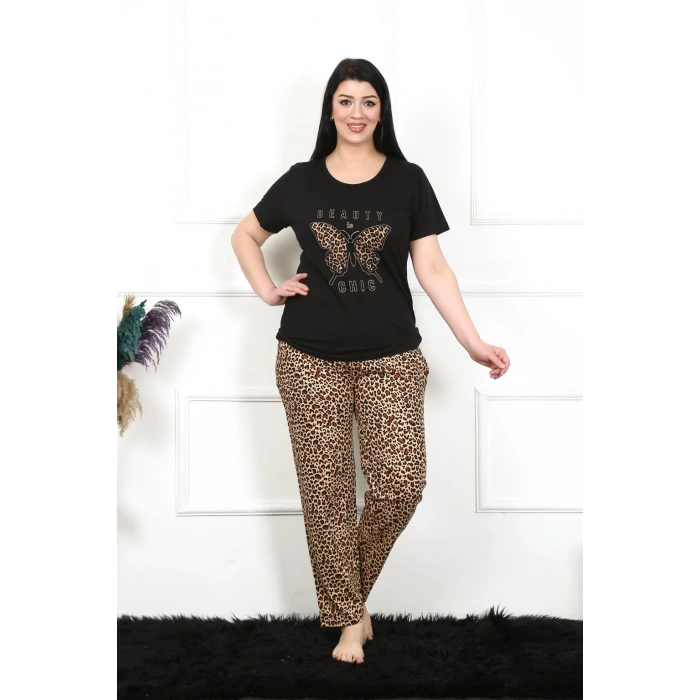 Moda Çizgi Kadın Büyük Beden Kısa Kol Pijama Takım 202203