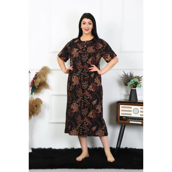 Moda Çizgi Kadın Büyük Beden Kısa Kol Siyah Anne Gecelik 1375