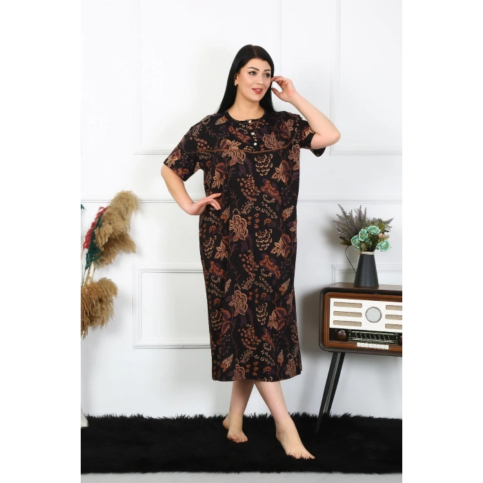 Moda Çizgi Kadın Büyük Beden Kısa Kol Siyah Anne Gecelik 1375