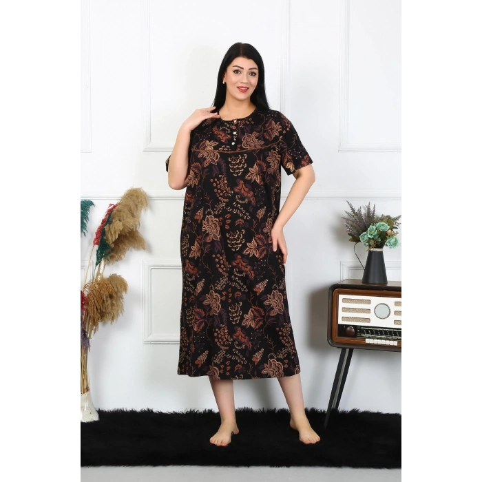 Moda Çizgi Kadın Büyük Beden Kısa Kol Siyah Anne Gecelik 1375