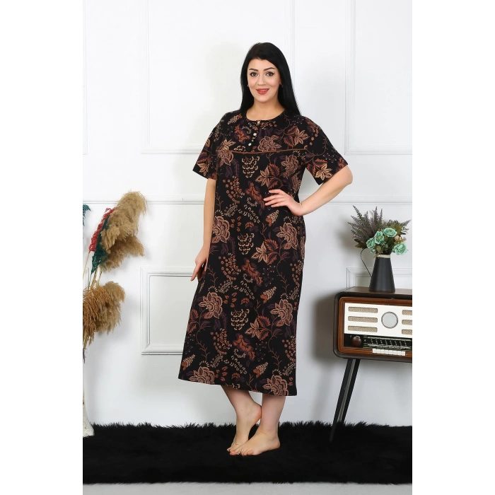 Moda Çizgi Kadın Büyük Beden Kısa Kol Siyah Anne Gecelik 1375
