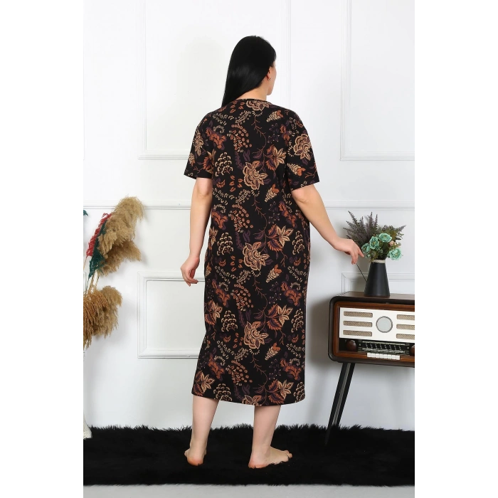 Moda Çizgi Kadın Büyük Beden Kısa Kol Siyah Anne Gecelik 1375