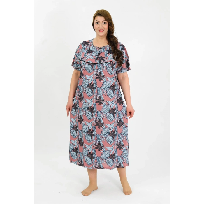 Moda Çizgi Kadın Büyük Beden Kısa Kol Somon Anne Gecelik 1377