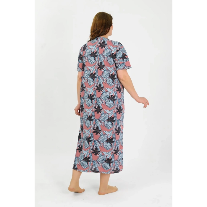 Moda Çizgi Kadın Büyük Beden Kısa Kol Somon Anne Gecelik 1377