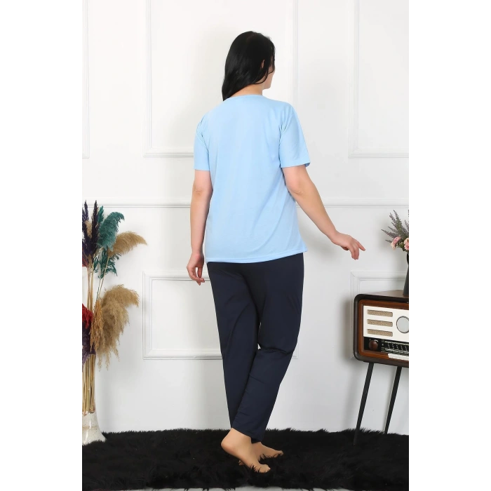 Moda Çizgi Kadın Büyük Beden Mavi Pijama Takımı 202402