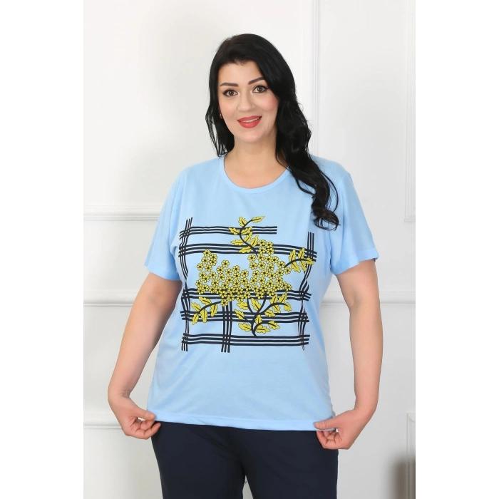 Moda Çizgi Kadın Büyük Beden Mavi Pijama Takımı 202402