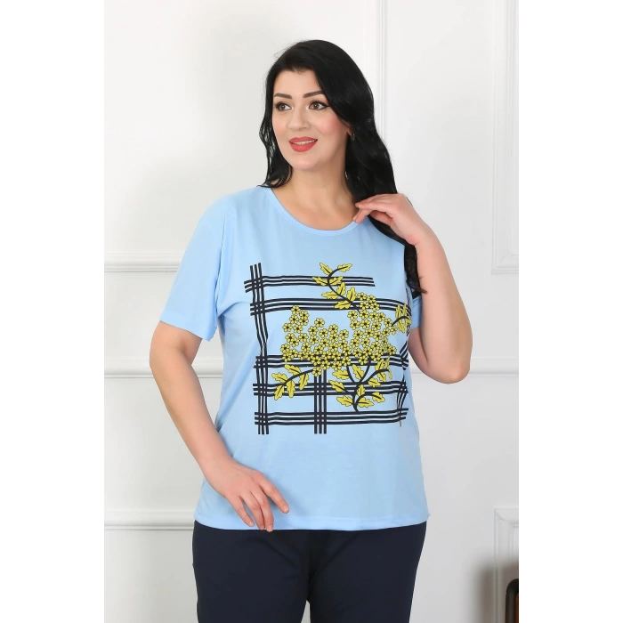Moda Çizgi Kadın Büyük Beden Mavi Pijama Takımı 202402