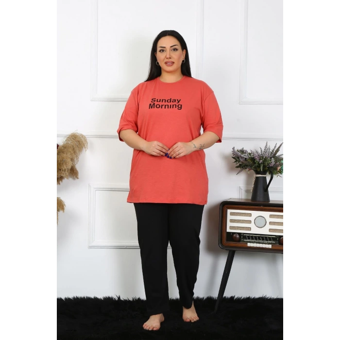 Moda Çizgi Kadın Büyük Beden Mercan Pijama Takımı 202404