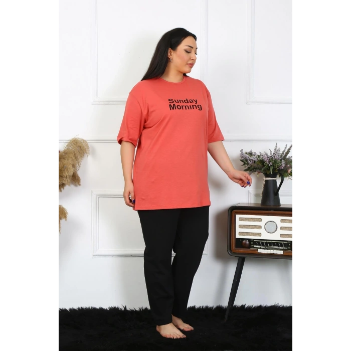 Moda Çizgi Kadın Büyük Beden Mercan Pijama Takımı 202404