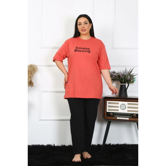 Moda Çizgi Kadın Büyük Beden Mercan Pijama Takımı 202404