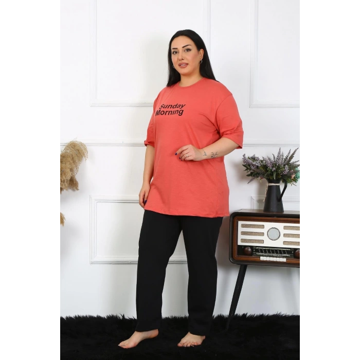 Moda Çizgi Kadın Büyük Beden Mercan Pijama Takımı 202404