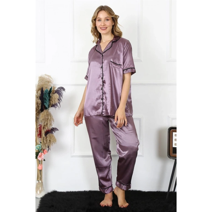 Moda Çizgi Kadın Büyük Beden Mor Saten Pijama Takımı 10303