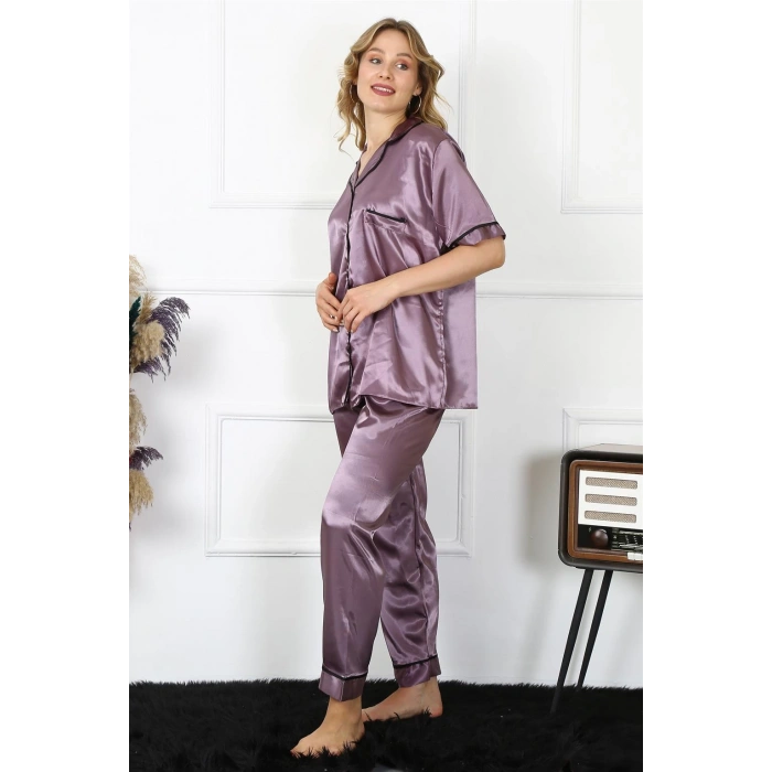 Moda Çizgi Kadın Büyük Beden Mor Saten Pijama Takımı 10303