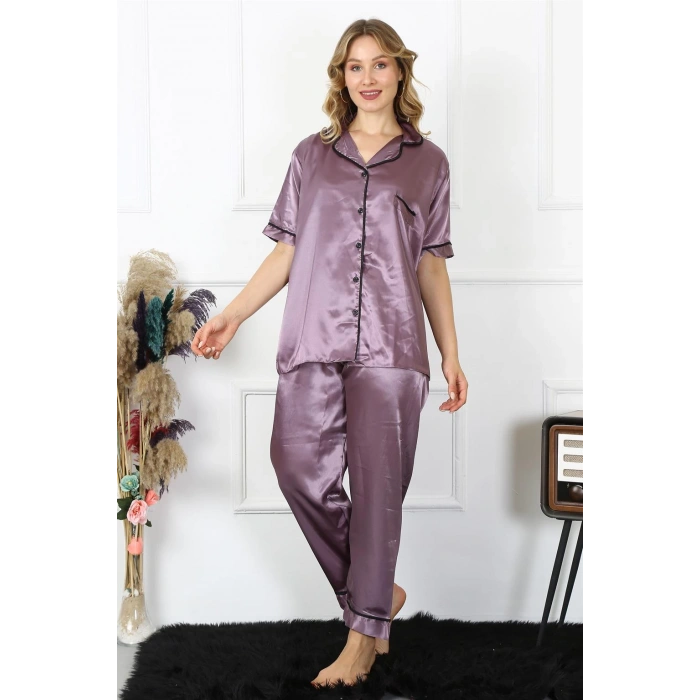 Moda Çizgi Kadın Büyük Beden Mor Saten Pijama Takımı 10303