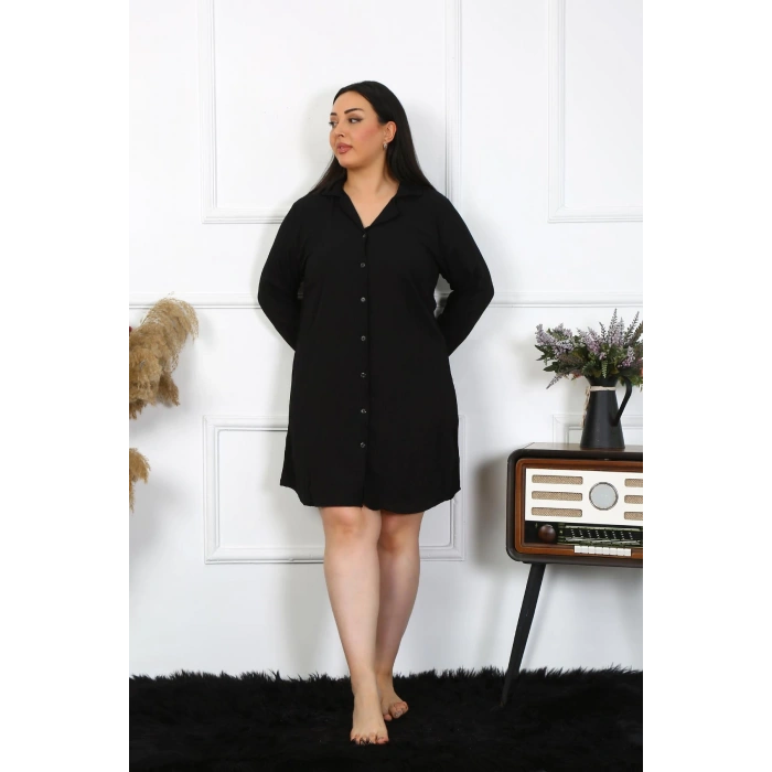 Moda Çizgi Kadın Büyük Beden Pamuk Düğmeli Uzun Kol Siyah Tunik Gecelik 12204