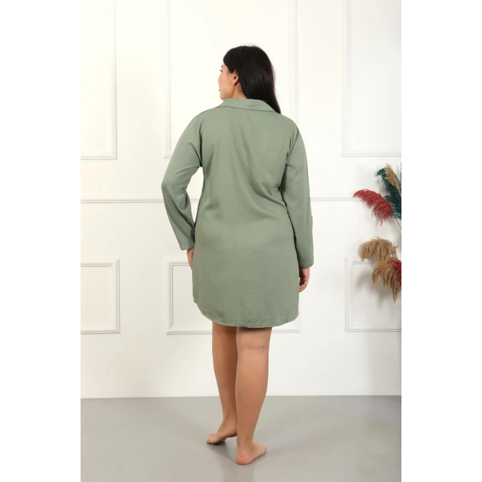 Moda Çizgi Kadın Büyük Beden Pamuk Düğmeli Uzun Kol Tunik Gecelik 12207