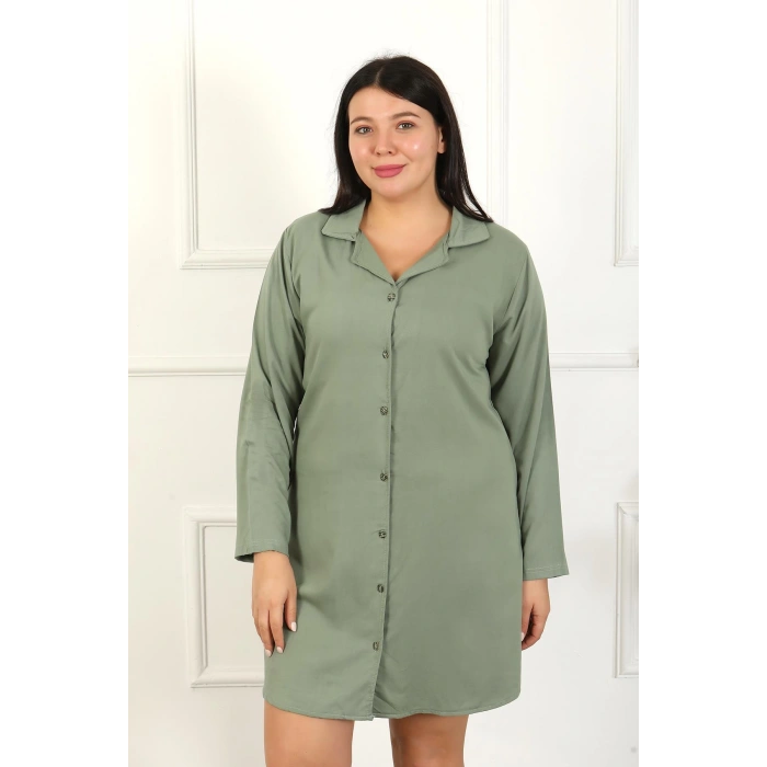 Moda Çizgi Kadın Büyük Beden Pamuk Düğmeli Uzun Kol Tunik Gecelik 12207