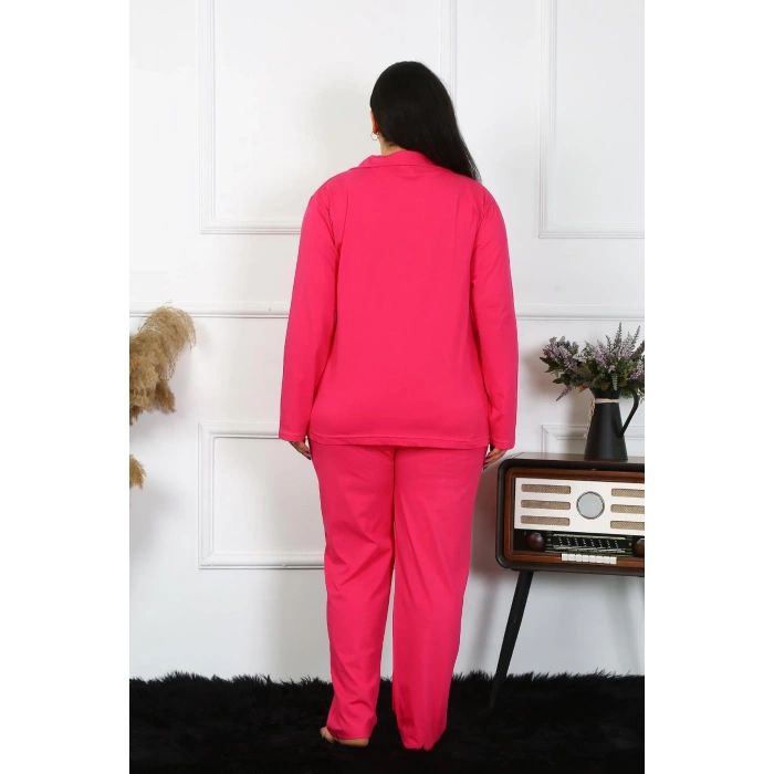 Moda Çizgi Kadın Büyük Beden Pamuklu Cepli Düğmeli Fuşya Pijama Takım 202401