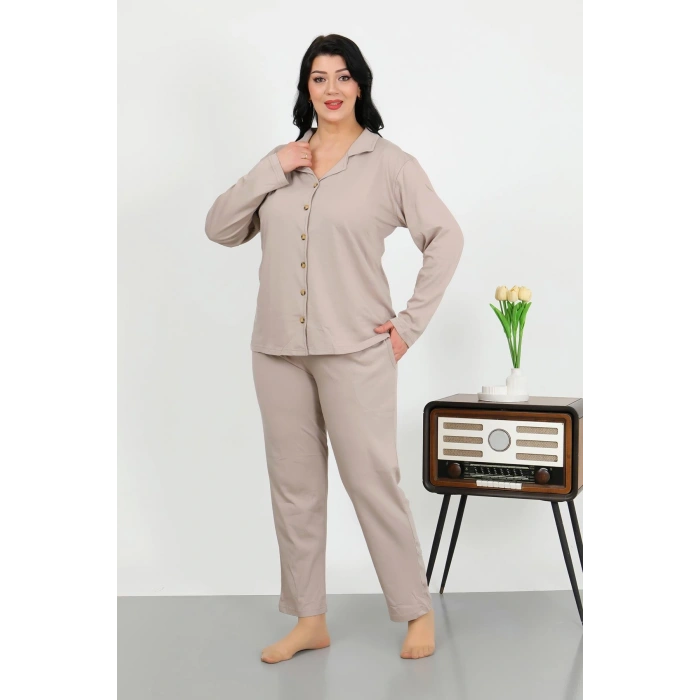Moda Çizgi Kadın Büyük Beden Pamuklu Cepli Düğmeli Krem Pijama Takım 202506
