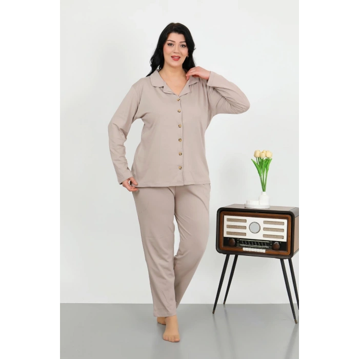 Moda Çizgi Kadın Büyük Beden Pamuklu Cepli Düğmeli Krem Pijama Takım 202506
