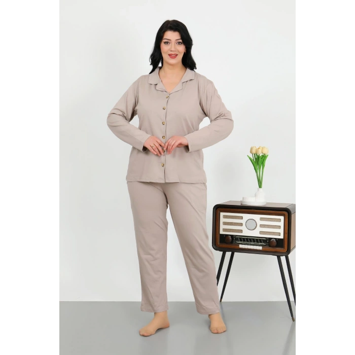 Moda Çizgi Kadın Büyük Beden Pamuklu Cepli Düğmeli Krem Pijama Takım 202506