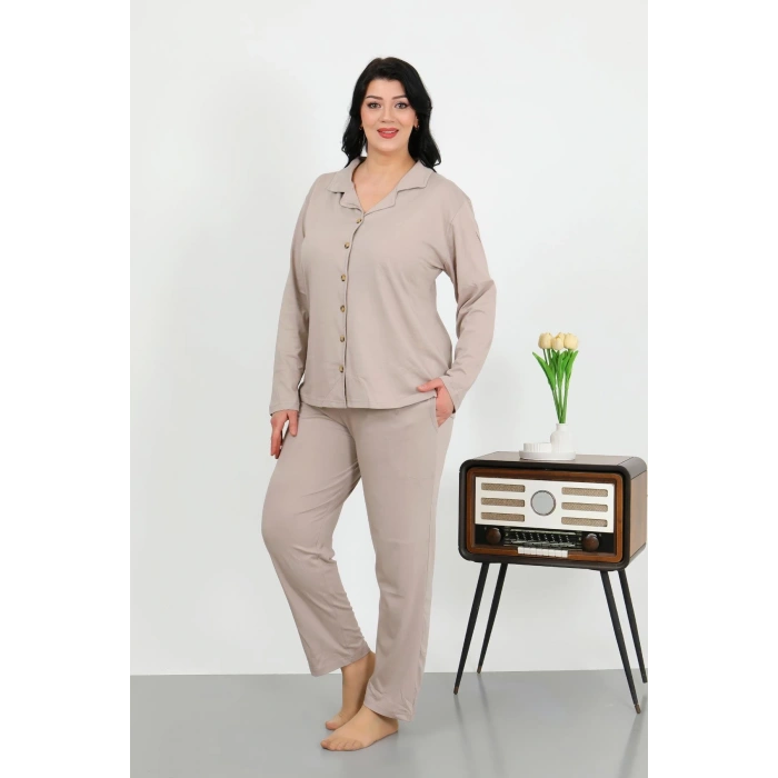 Moda Çizgi Kadın Büyük Beden Pamuklu Cepli Düğmeli Krem Pijama Takım 202506