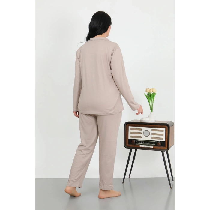 Moda Çizgi Kadın Büyük Beden Pamuklu Cepli Düğmeli Krem Pijama Takım 202506