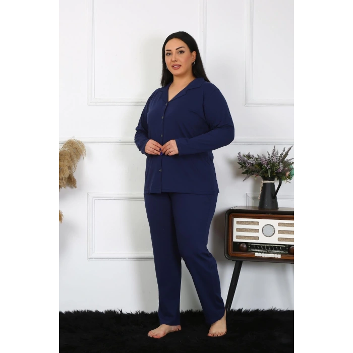 Moda Çizgi Kadın Büyük Beden Pamuklu Cepli Düğmeli Lacivert Pijama Takım 202401