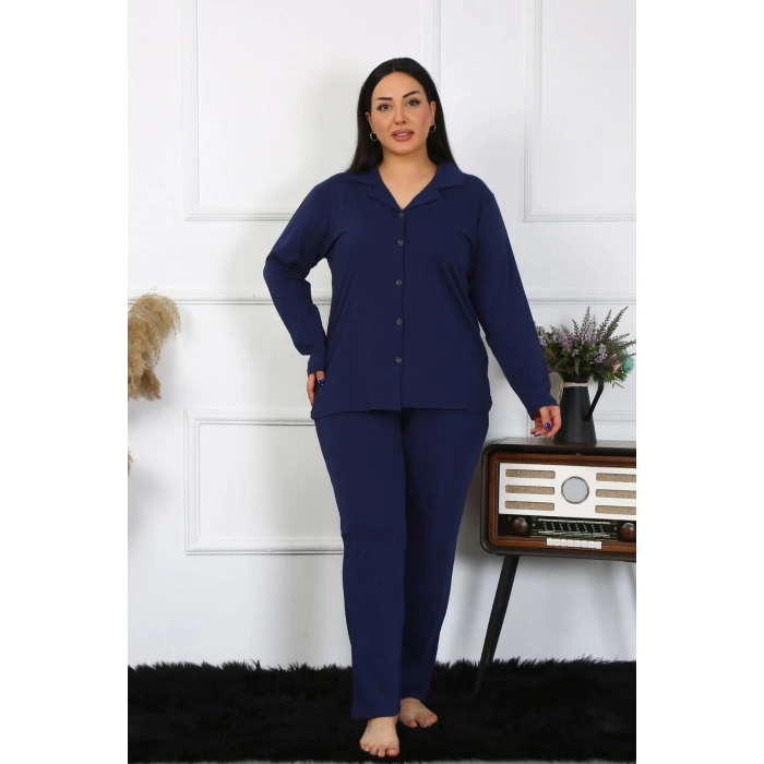 Moda Çizgi Kadın Büyük Beden Pamuklu Cepli Düğmeli Lacivert Pijama Takım 202401