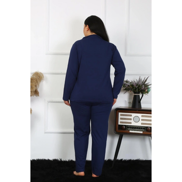 Moda Çizgi Kadın Büyük Beden Pamuklu Cepli Düğmeli Lacivert Pijama Takım 202401