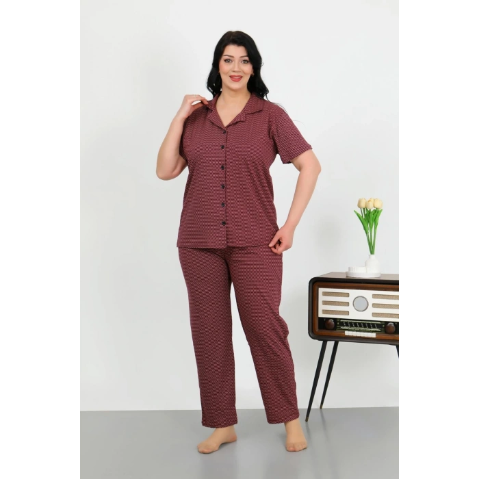 Moda Çizgi Kadın Büyük Beden Pamuklu Cepli Düğmeli Mor Pijama Takım 202507