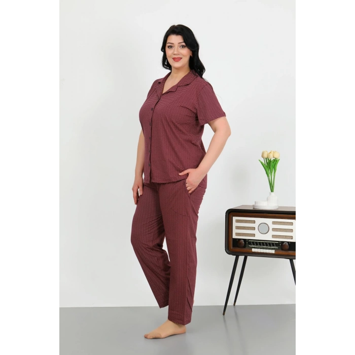 Moda Çizgi Kadın Büyük Beden Pamuklu Cepli Düğmeli Mor Pijama Takım 202507