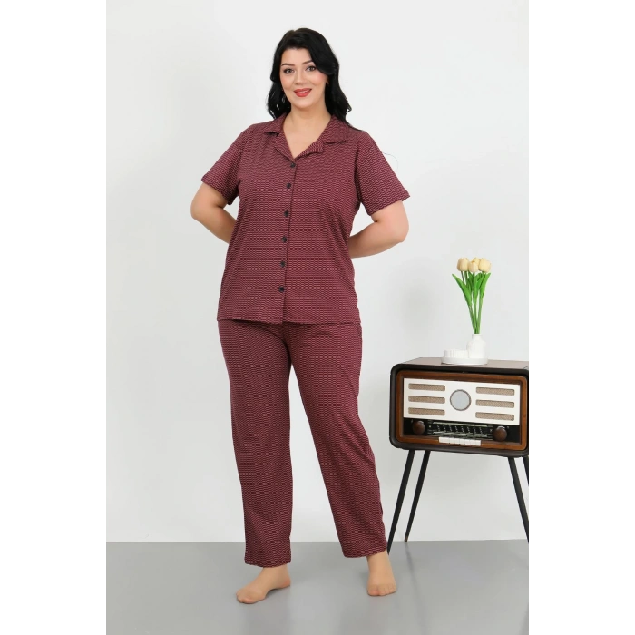 Moda Çizgi Kadın Büyük Beden Pamuklu Cepli Düğmeli Mor Pijama Takım 202507