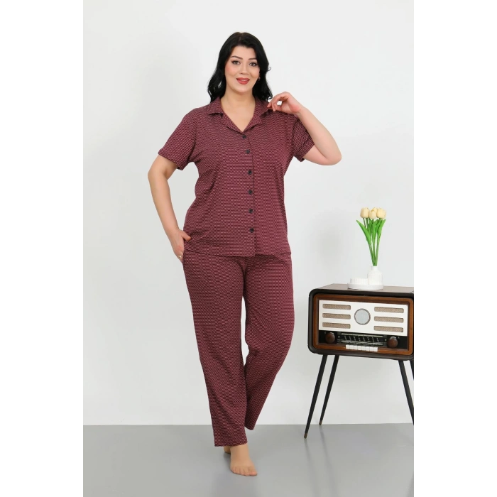 Moda Çizgi Kadın Büyük Beden Pamuklu Cepli Düğmeli Mor Pijama Takım 202507