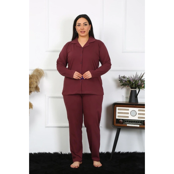 Moda Çizgi Kadın Büyük Beden Pamuklu Cepli Düğmeli Mürdüm Pijama Takım 202401