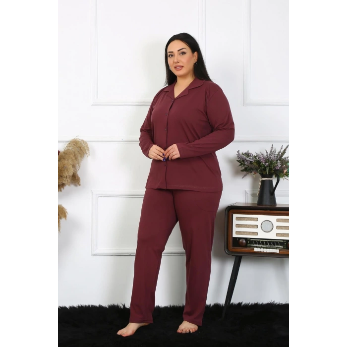 Moda Çizgi Kadın Büyük Beden Pamuklu Cepli Düğmeli Mürdüm Pijama Takım 202401