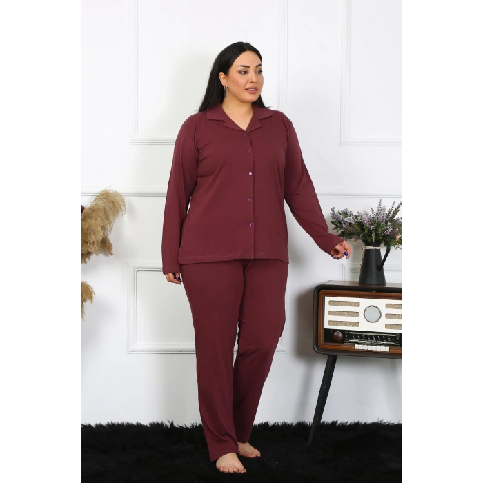 Moda Çizgi Kadın Büyük Beden Pamuklu Cepli Düğmeli Mürdüm Pijama Takım 202401