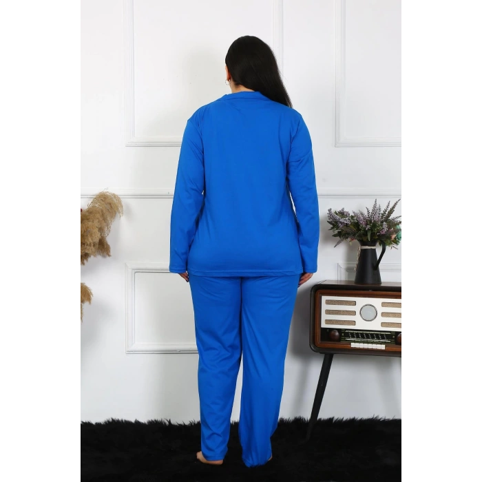 Moda Çizgi Kadın Büyük Beden Pamuklu Cepli Düğmeli Saks Pijama Takım 202401