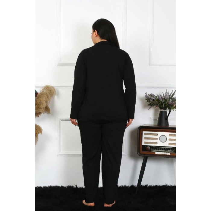 Moda Çizgi Kadın Büyük Beden Pamuklu Cepli Düğmeli Siyah Pijama Takım 202401