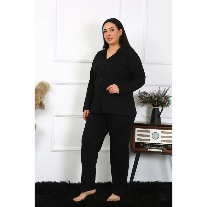 Moda Çizgi Kadın Büyük Beden Pamuklu Cepli Düğmeli Siyah Pijama Takım 202401