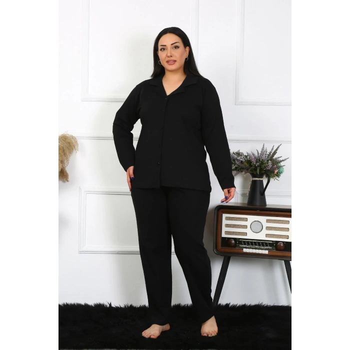 Moda Çizgi Kadın Büyük Beden Pamuklu Cepli Düğmeli Siyah Pijama Takım 202401