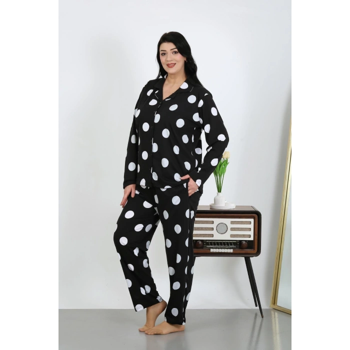 Moda Çizgi Kadın Büyük Beden Pamuklu Cepli Düğmeli Siyah Pijama Takım 202504