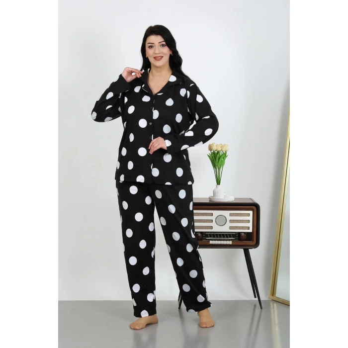 Moda Çizgi Kadın Büyük Beden Pamuklu Cepli Düğmeli Siyah Pijama Takım 202504