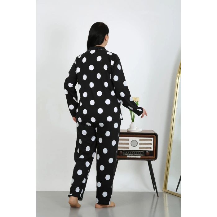 Moda Çizgi Kadın Büyük Beden Pamuklu Cepli Düğmeli Siyah Pijama Takım 202504