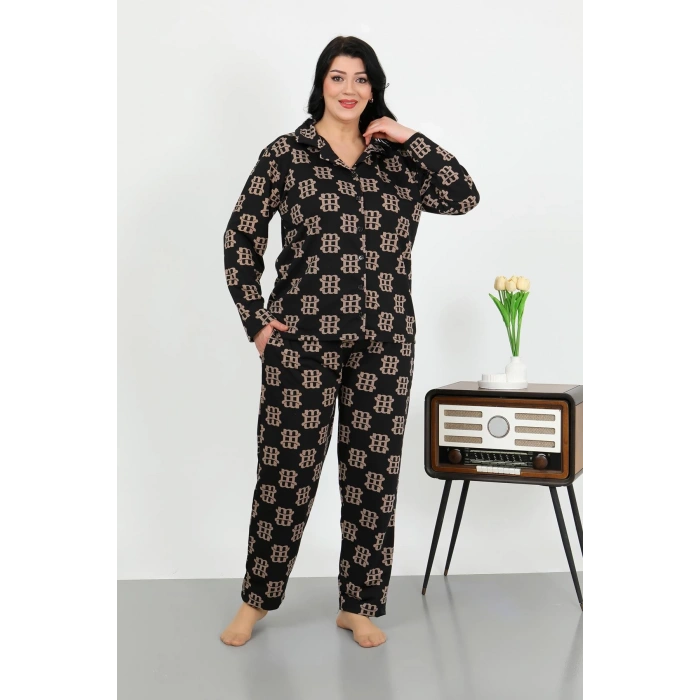 Moda Çizgi Kadın Büyük Beden Pamuklu Cepli Düğmeli Siyah Pijama Takım 202506